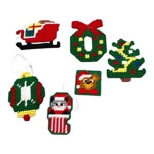 Vtg Holiday Set 6 Handmade Christmas Canvas Ornaments Yarn Sleigh Tree Wreath